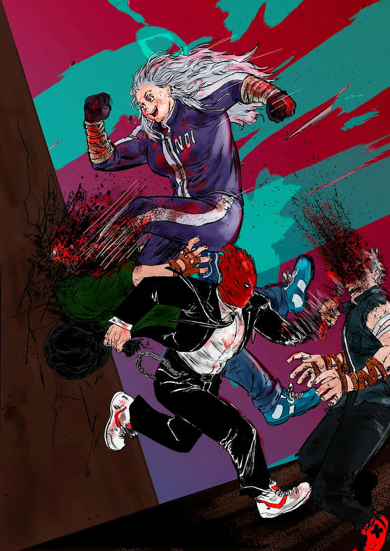 dorohedoro 桌布 壁紙 — 一個動態的動漫風格戰士，白髮，跳過鮮紅和青綠的背景，在混亂的戰鬥場景中擊倒多個對手。