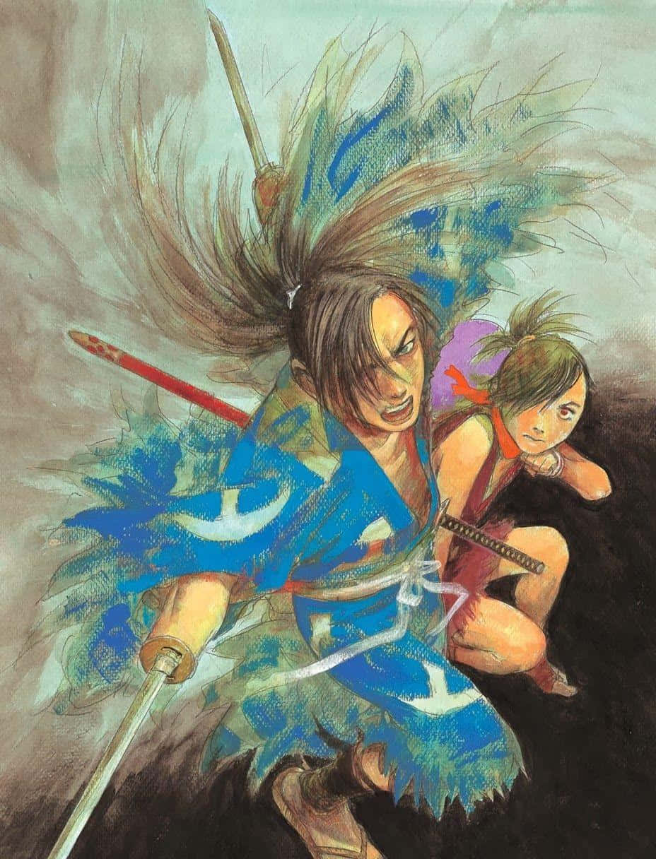 多羅羅 桌布 壁紙 — 一個動態的動漫風格戰士，身穿藍色和服，頭髮飄逸，拔劍向前衝，而一個孩子蹲在後面。