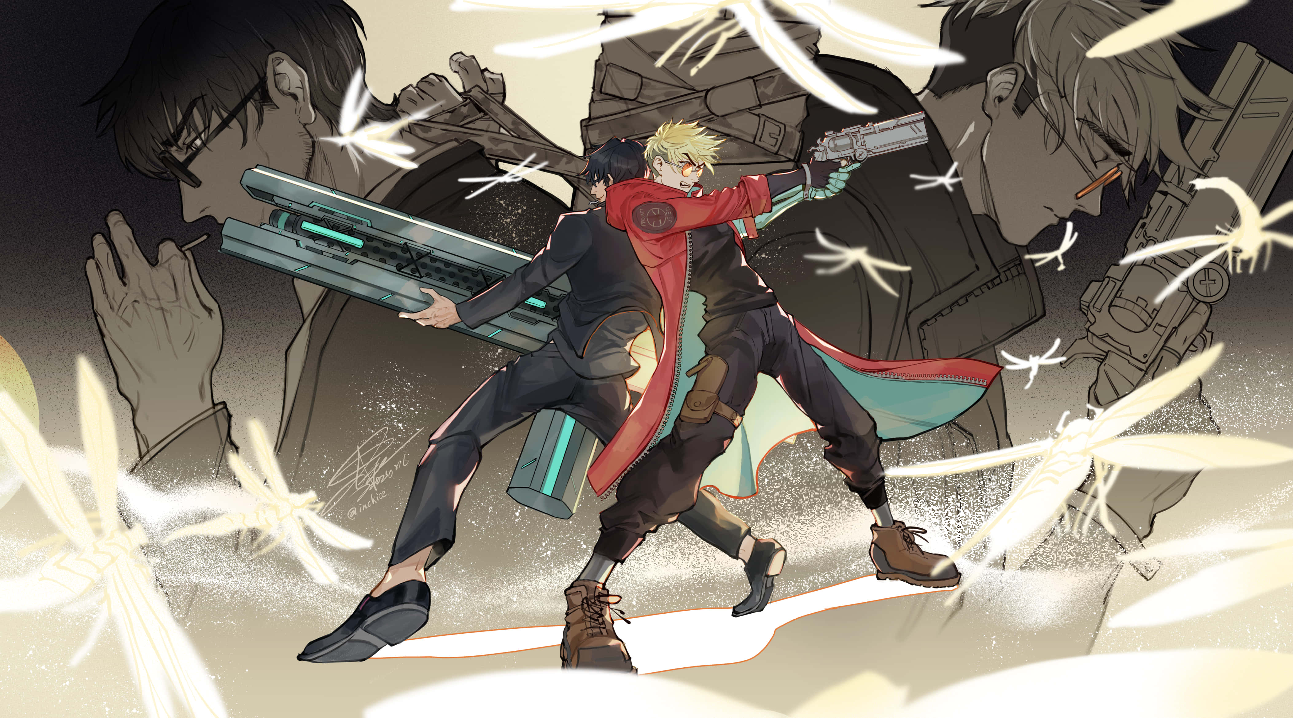 Nicholas D Wolfwood 桌布 壁紙 — 一個動態的動漫風格戰鬥場景，一位金髮戰士身穿紅色外套，在旋轉的白色能量粒子中揮舞著發光武器。