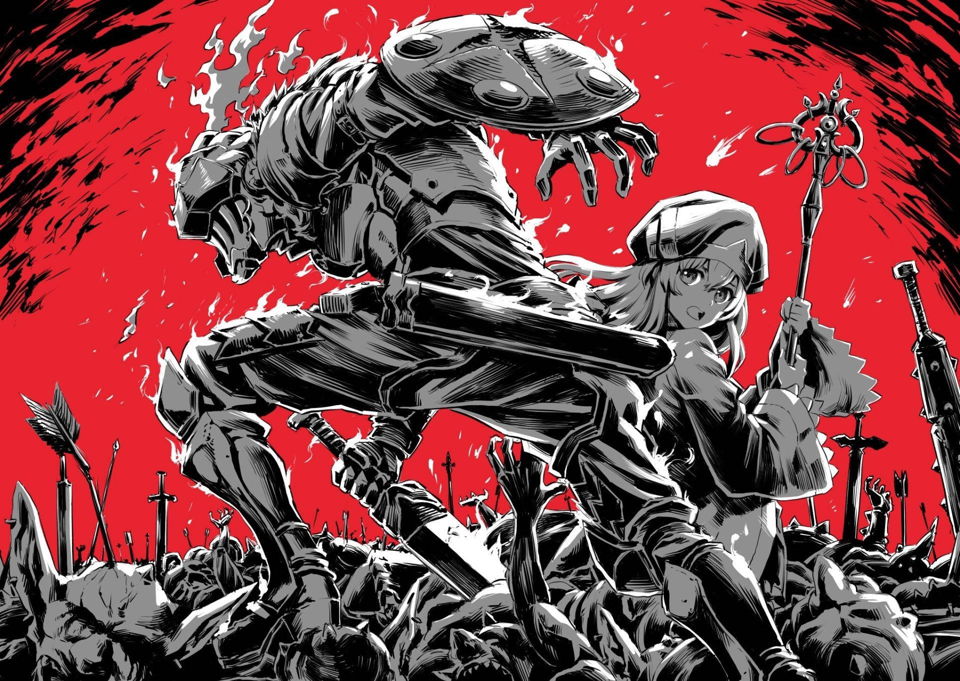 Goblin Slayer 桌布 壁紙 — 一個動態的動漫風格戰鬥場景，一個女孩揮舞著劍對抗一個巨大的裝甲怪物，周圍是倒下的敵人，背景是火紅色的。