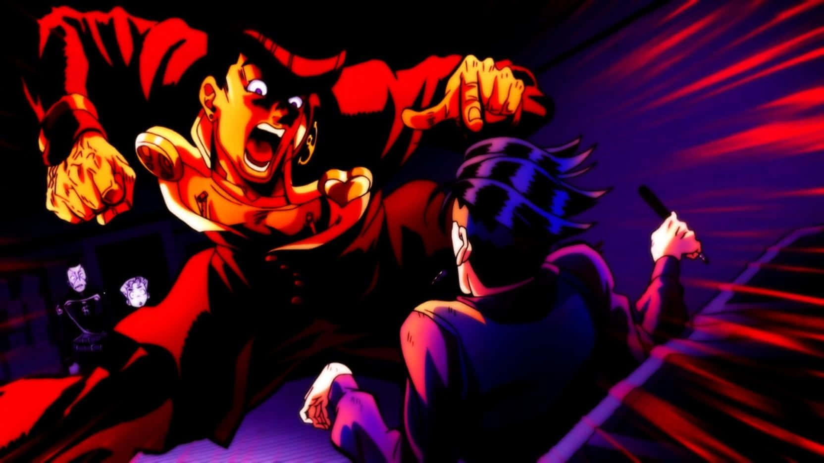 Josuke Higashikata 桌布 壁紙 — 一個動態的動漫風格戰鬥場景，一名身穿紅色戰衣的戰士向前衝向紫色調的對手，構成高對比度、充滿動作的畫面。