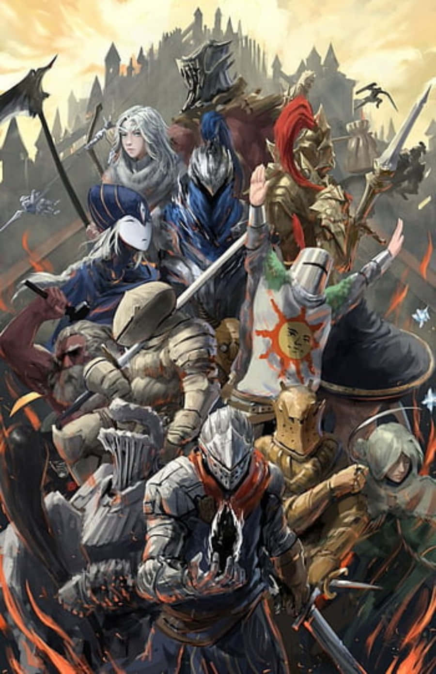 Dark Souls Bosses 桌布 壁紙 — 一個動態的動漫風格戰鬥場景，描繪身穿盔甲的戰士手持劍與盾，置身於熊熊火焰和遠方城堡之中。