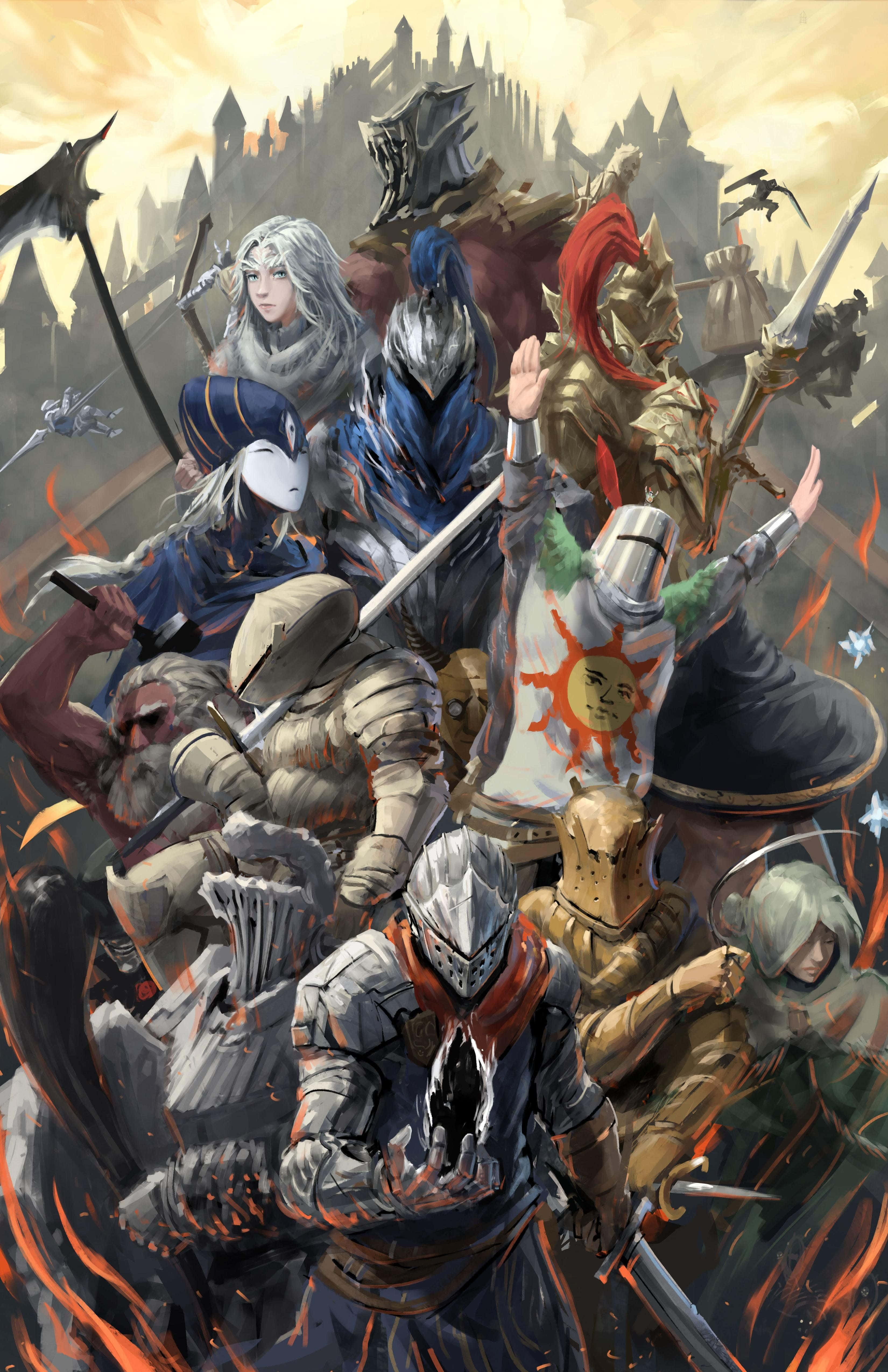Solaire Of Astora 桌布 壁紙 — 一個動態的動漫風格戰鬥場景，身穿盔甲的戰士揮舞劍和斧頭，背景是熾熱的火焰和城堡輪廓。