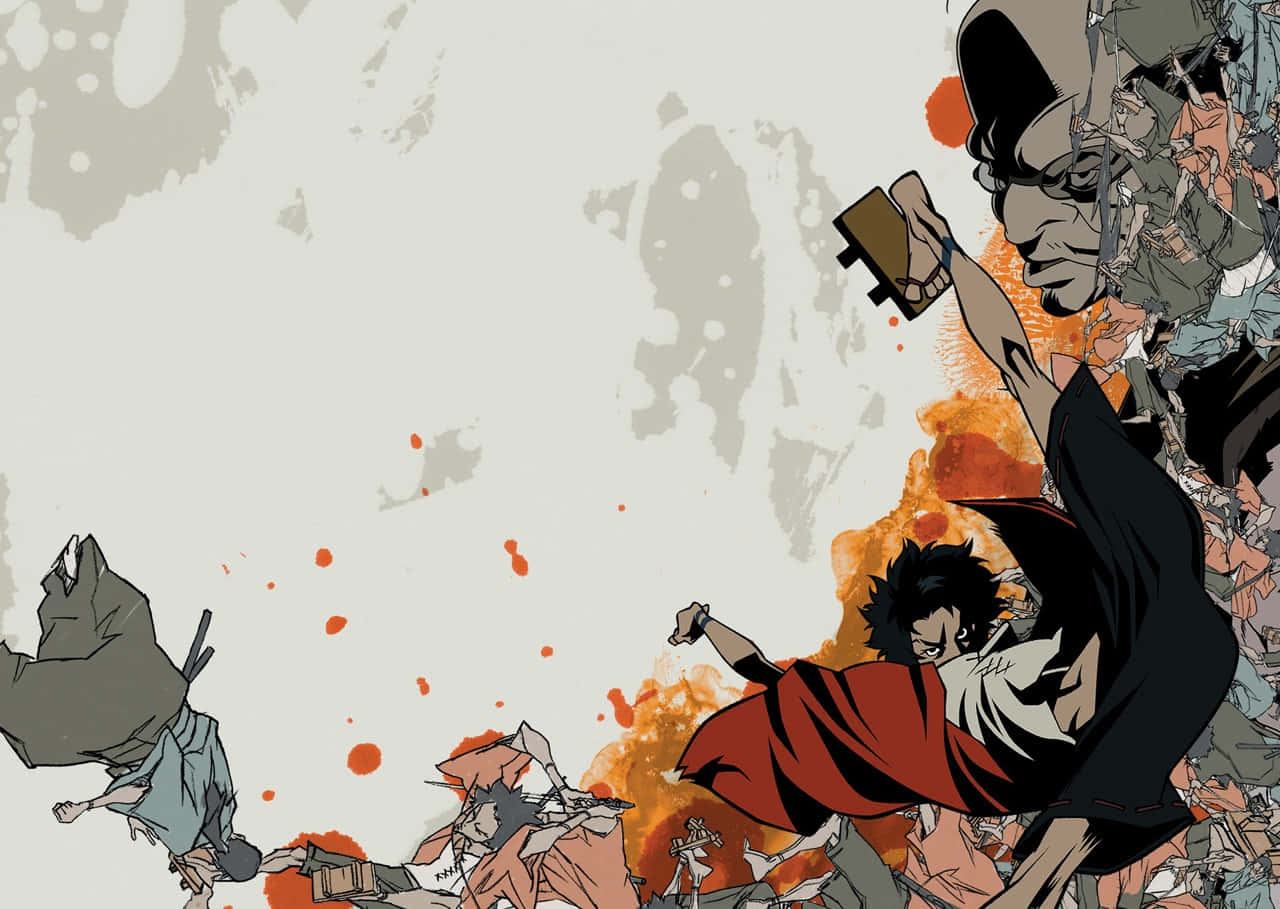 Samurai Champloo 桌布 壁紙 — 一個動態的動漫風格戰鬥場景，身穿紅色長袍的戰士在熾熱的橙色飛濺物和碎片中攻擊一個高大的裝甲敵人。