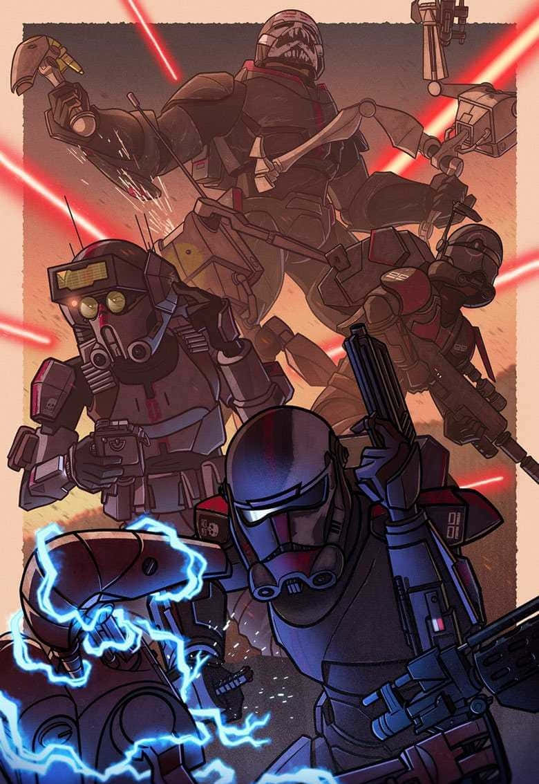 Star Wars The Bad Batch 桌布 壁紙 — 一個動態的動漫風格插圖，描繪了裝甲士兵在激烈的戰鬥場景中發射紅色和藍色能量武器。