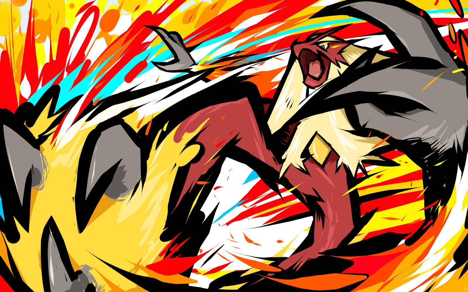 Blaziken 桌布 壁紙 — 一個動態的動漫風格生物在充滿活力的抽象背景（紅色、黃色和藍色條紋）中咆哮，釋放出火熱的能量。