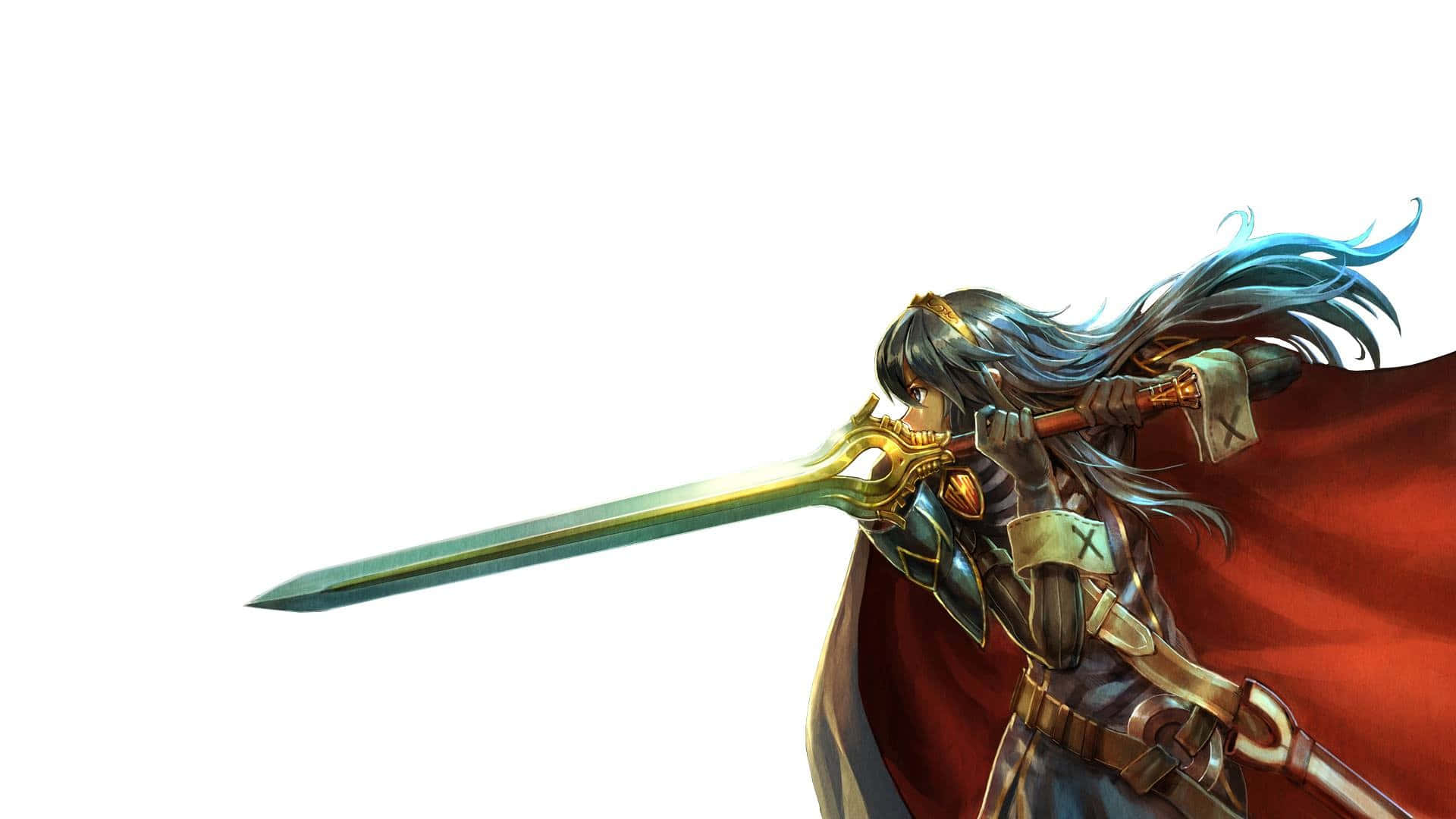 Lucina 桌布 壁紙 — 一個動態的動漫騎士，擁有飄逸的藍色頭髮和紅色斗篷，在純白色背景上揮舞著發光的劍。
