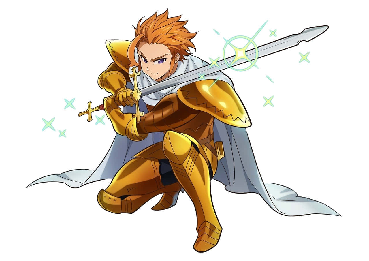 Seven Deadly Sins Arthur Pendragon 桌布 壁紙 — 一個動態的動漫騎士身穿金色盔甲，手持發光劍向前衝刺，周圍環繞著閃爍的星星。