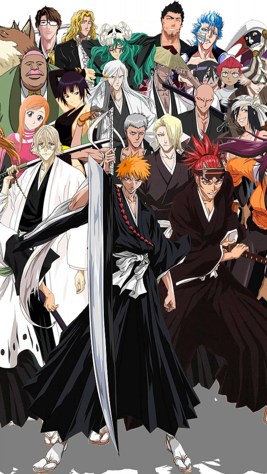 Bleach iPhone 桌布 壁紙 — 一個動態的動畫團體肖像，描繪《死神》角色穿著傳統與現代服裝，在純灰色背景前持劍擺姿勢。