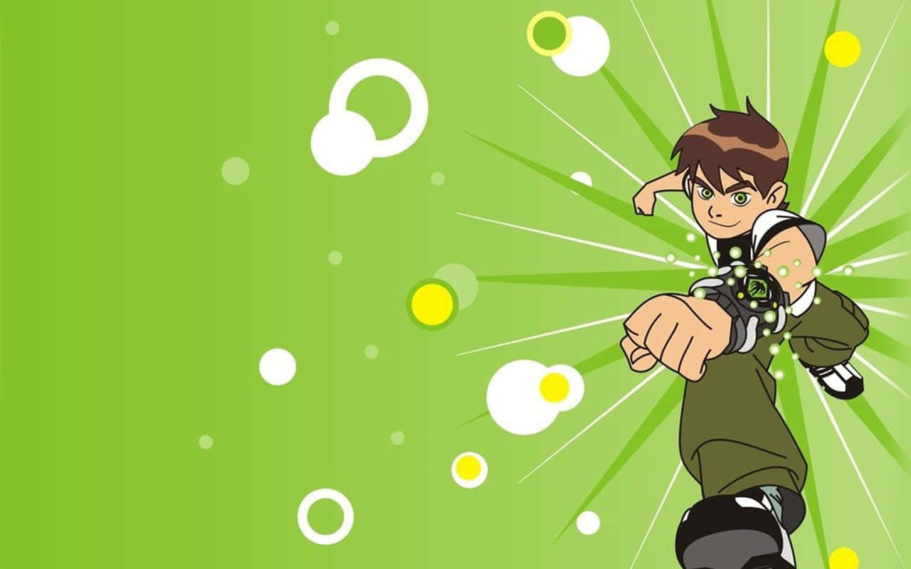 Ben 10 桌布 壁紙 — 一個動態的動畫男孩穿著綠色裝備，在充滿放射線和漂浮圓圈的鮮綠色背景前啟動發光的手腕裝置。