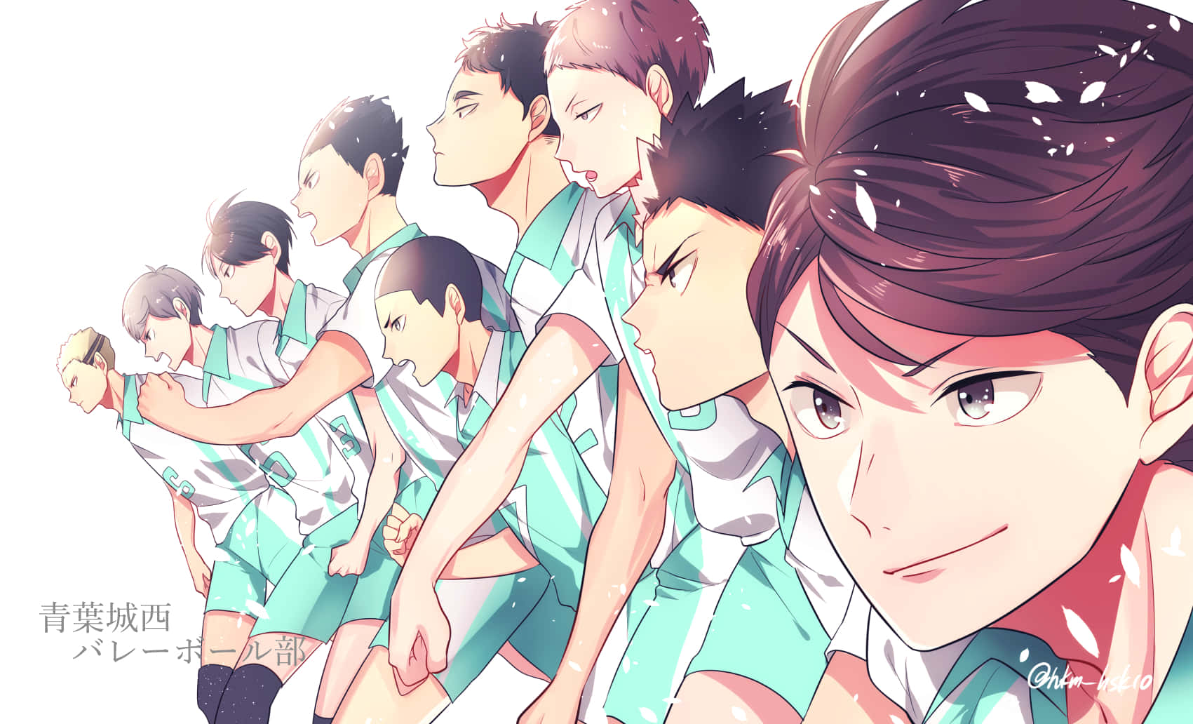 Haikyuu Team 桌布 壁紙 — 一個動態的動畫陣容，男性排球運動員穿著青綠色和白色制服，表情堅定，櫻花瓣飄落。