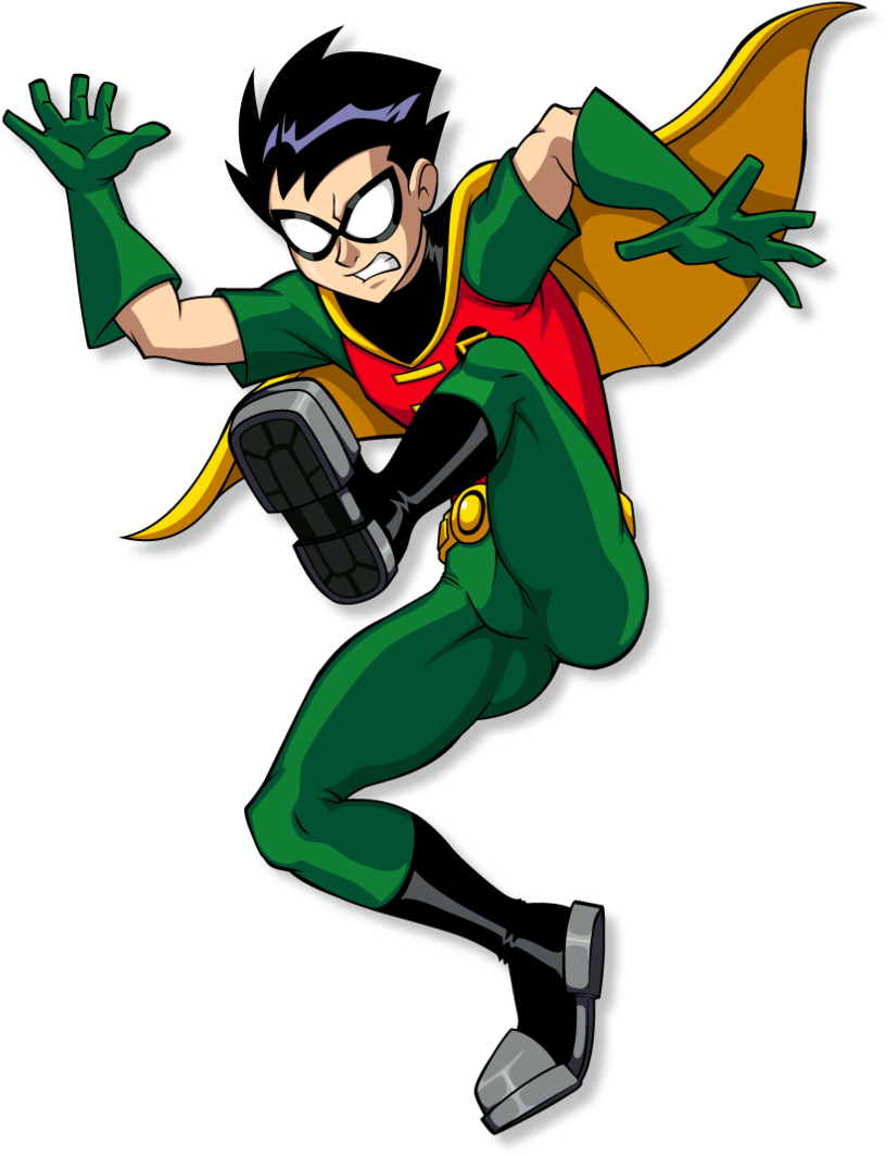 robin 桌布 壁紙 — 一個動態的卡通羅賓穿著綠色、紅色和黃色的服裝，在黑色背景前以強烈的表情躍起於半空中。