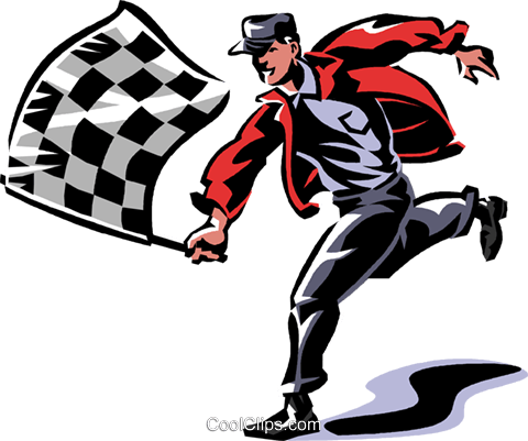 Checkered 桌布 壁紙 — 一個動態的卡通賽車手穿著紅色外套，在純青色背景上愉快地揮舞著格子旗。