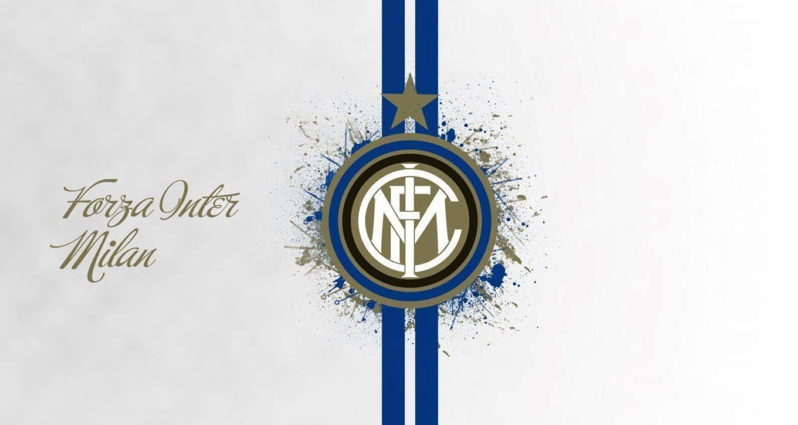 Inter Milan 桌布 壁紙 — 一個動態的國際米蘭標誌，帶有藍色條紋和金色潑濺藝術，在紋理白色背景上，並有 'Forza Inter Milan' 字樣。