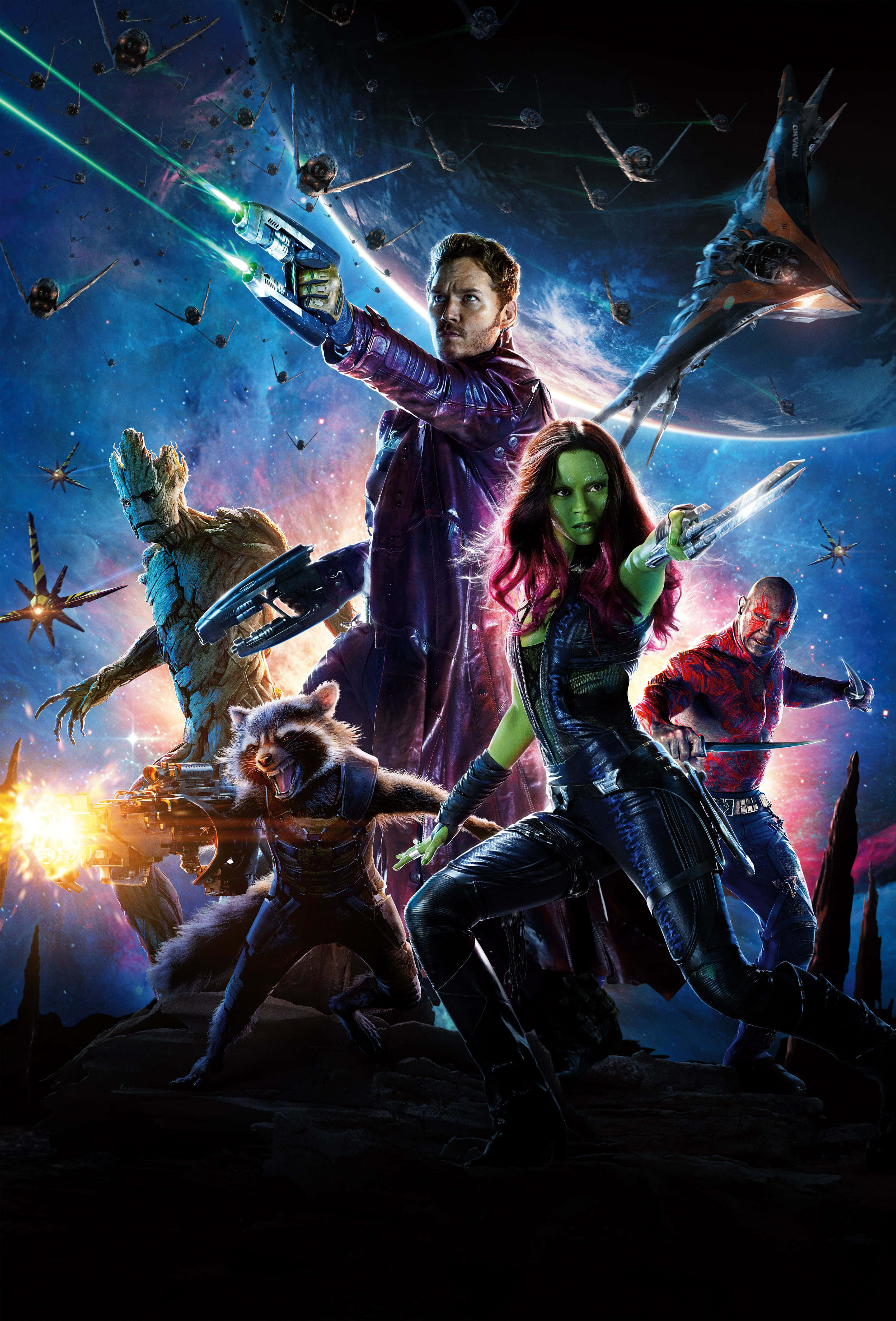 Guardians Of The Galaxy 2 桌布 壁紙 — 一個動態的太空戰鬥場景，星際異攻隊角色在宇宙背景下向外星飛船開火。