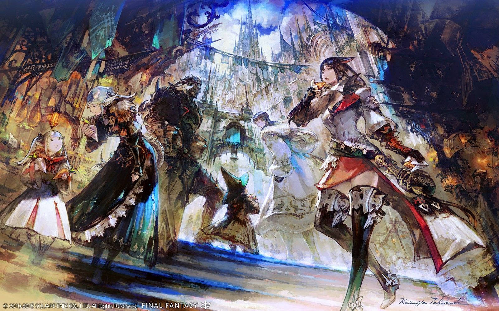 Ff14 桌布 壁紙 — 一個動態的奇幻戰鬥場景，有裝甲戰士和法師在發光的大教堂般的環境中。