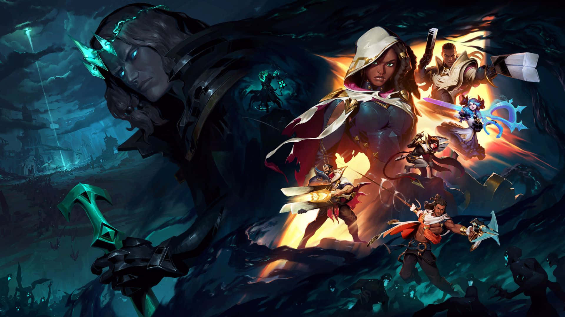 1920x1080 League Of Legends 桌布 壁紙 — 一個動態的奇幻戰鬥場景，發光的英雄和一個 looming 的黑暗身影在暴風雨背景下。