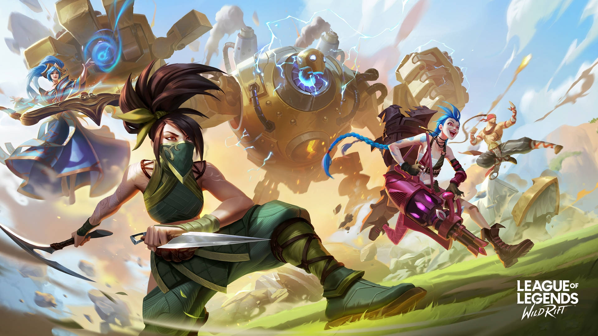 3d League Of Legends 桌布 壁紙 — 一個動態的奇幻戰鬥場景，英雄聯盟的英雄們在明亮的天空下與機械巨人戰鬥。