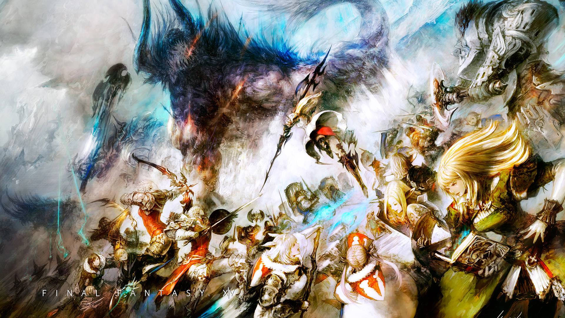 Ff14 桌布 壁紙 — 一個動態的奇幻戰鬥場景，裝甲戰士和一隻巨大的藍龍在旋轉的雲層和魔法能量中戰鬥。