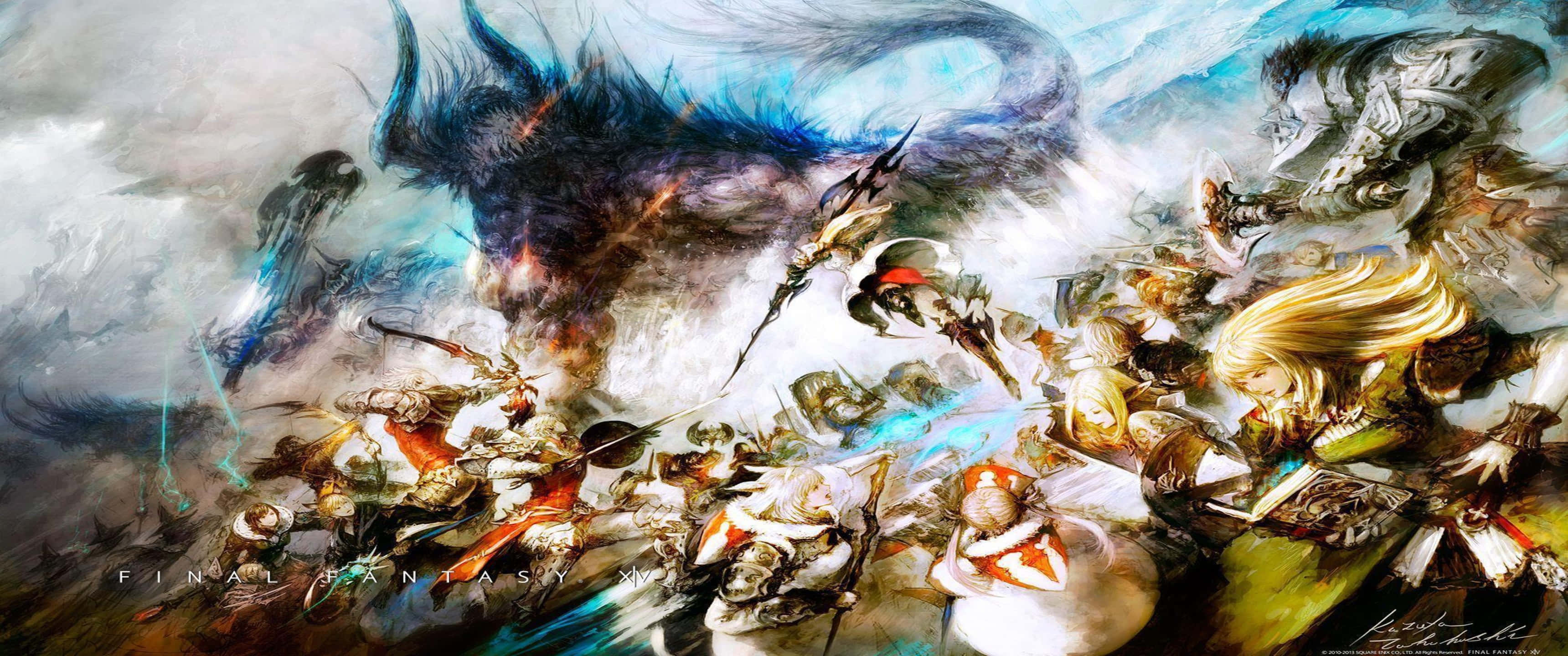 3440x1440p Final Fantasy Xv 桌布 壁紙 — 一個動態的奇幻戰鬥場景，裝甲戰士與神話生物在旋轉的雲層和魔法能量中激烈碰撞。