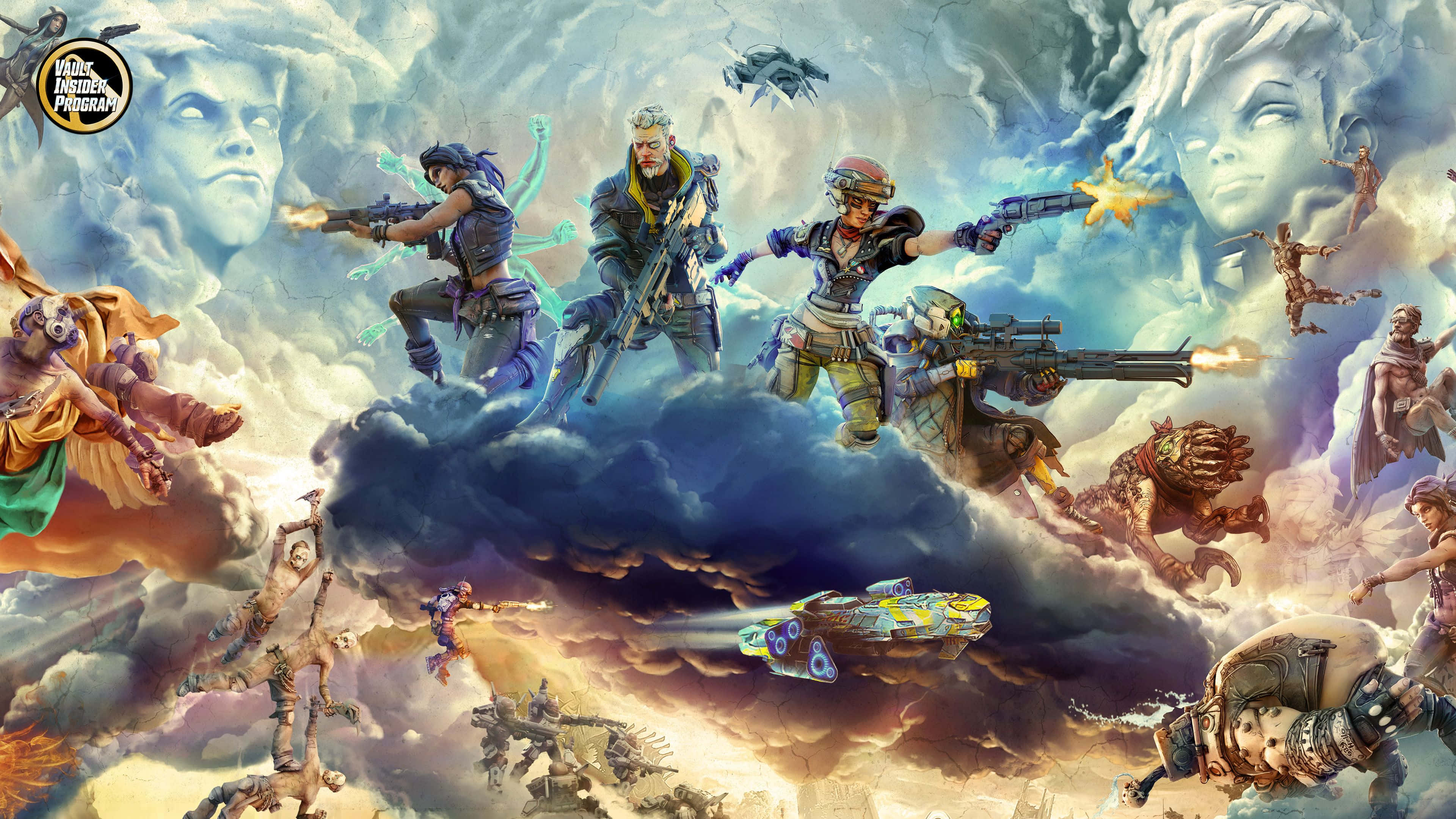 4K Borderlands 3 桌布 壁紙 — 一個動態的奇幻戰鬥場景，裝甲戰士和生物在旋轉的雲層和巨大的漂浮面孔中戰鬥。