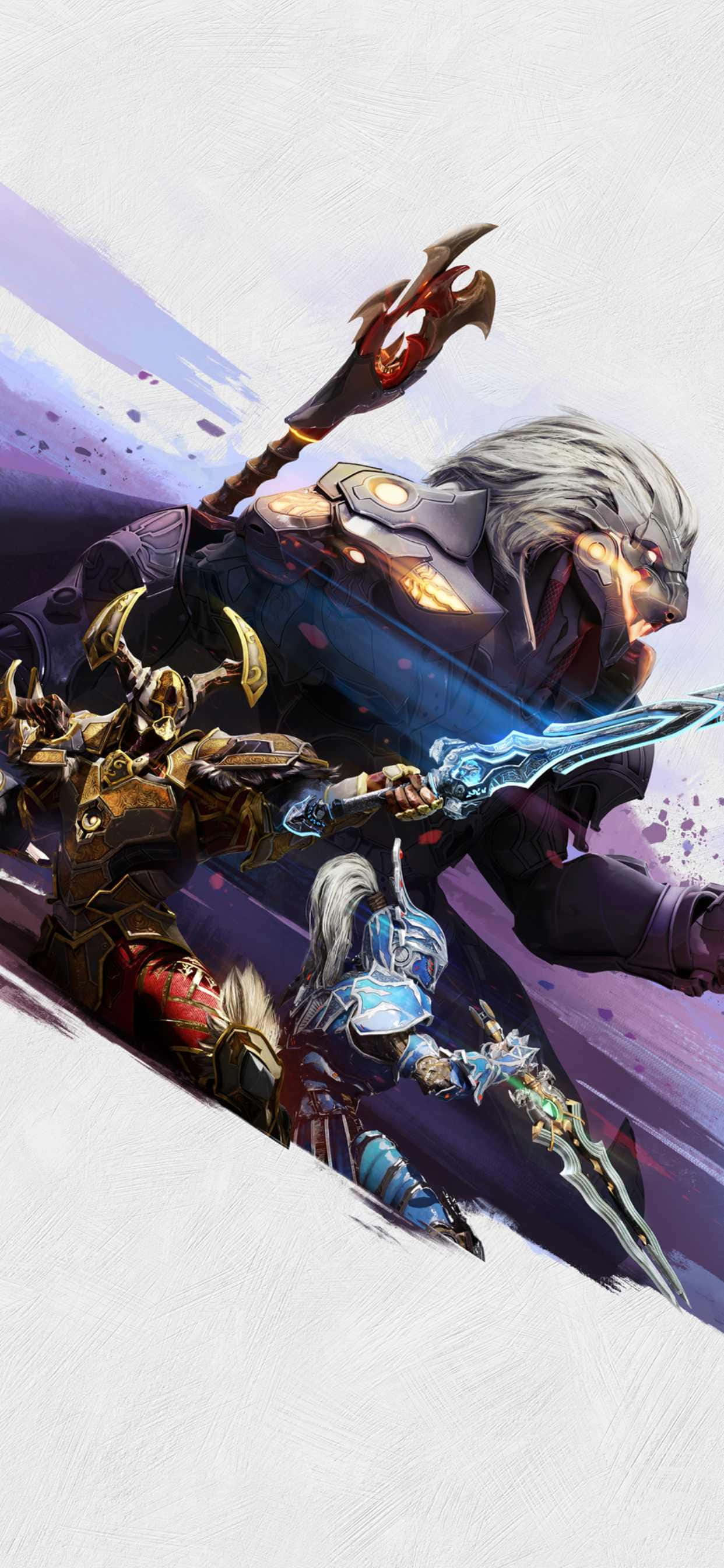 電玩遊戲 桌布 壁紙 — 一個動態的奇幻戰鬥場景，身穿盔甲的戰士在帶有紋理的紫色和白色背景上揮舞著發光的武器。