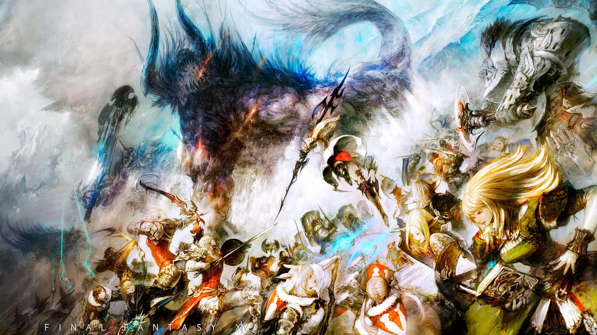 電玩遊戲 桌布 壁紙 — 一個動態的奇幻戰鬥場景，身穿盔甲的戰士和一隻巨大的藍色巨龍在旋轉的雲層和魔法能量中展開激戰。
