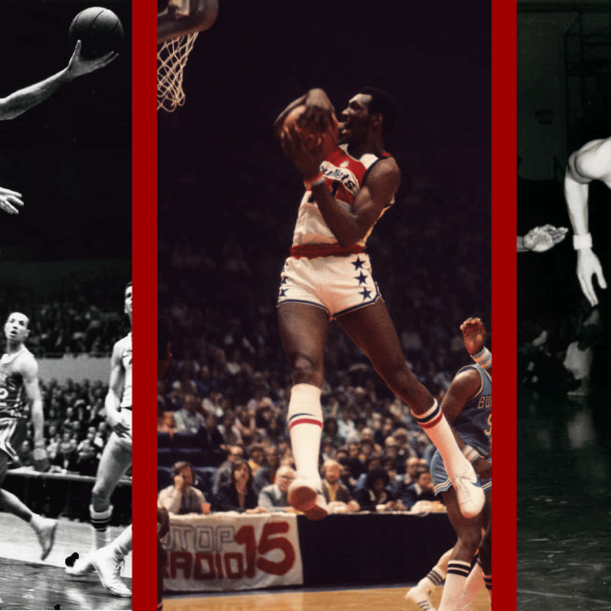 復古籃球拼貼，展示球員在比賽中騰空而起。 — NBA 壁紙