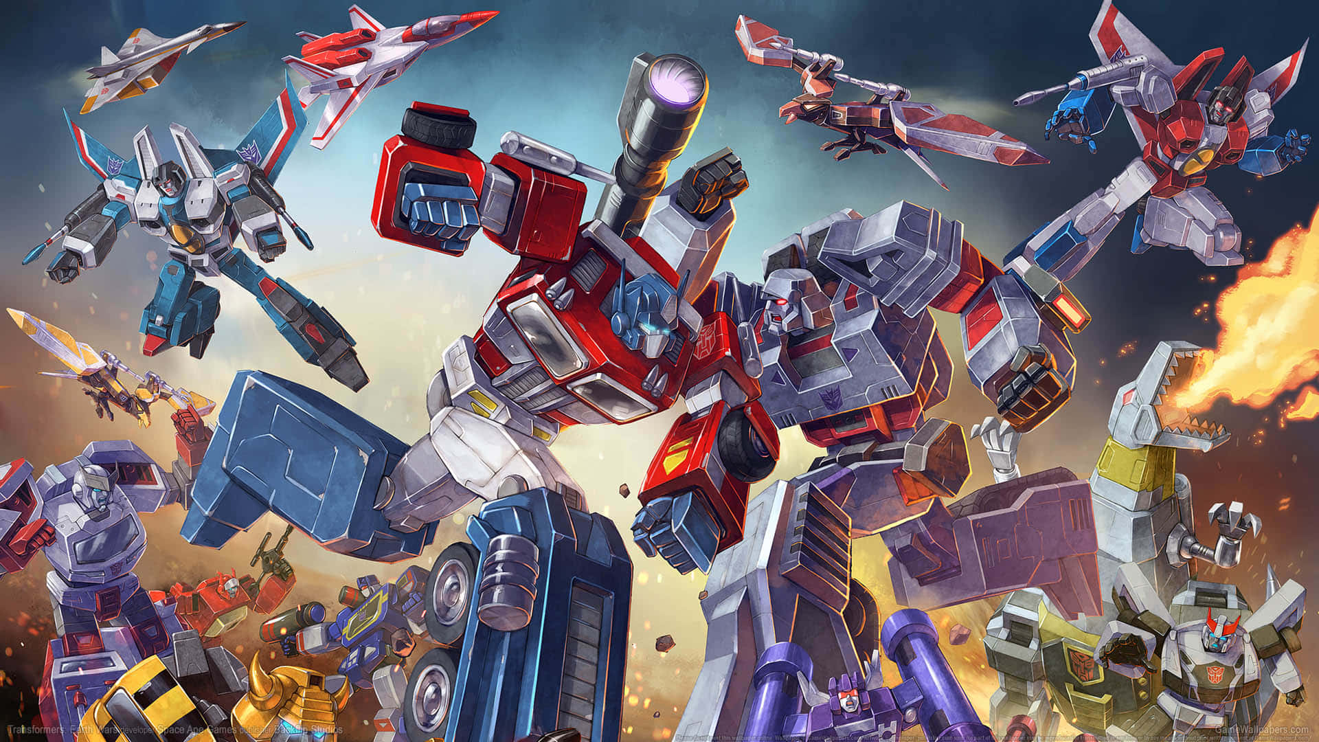 Beast Wars Transformers 桌布 壁紙 — 一個動態的戰鬥場景，眾多變形金剛機器人在熾熱的爆炸和碎片中翱翔和碰撞。