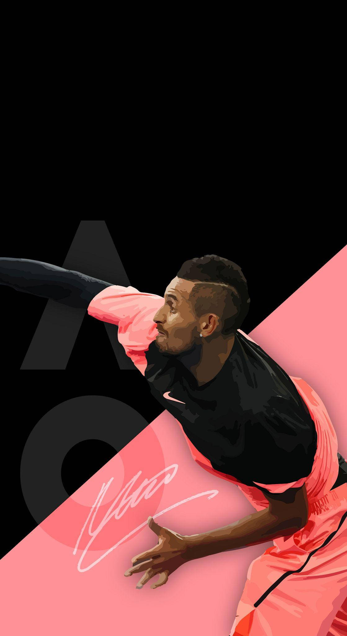 Kyrgios 桌布 壁紙 — 一個動態的數位插圖，描繪一名籃球運動員在鮮豔的粉紅和黑色幾何背景中正在進行動作。