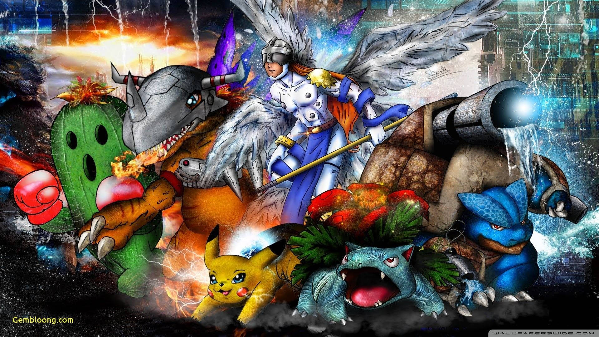 Digimon 桌布 壁紙 — 一個動態的數位藝術戰鬥場景， featuring 標誌性的 Pokémon 和 Digimon 角色在混亂的城市風暴中，伴隨著閃電和火焰。