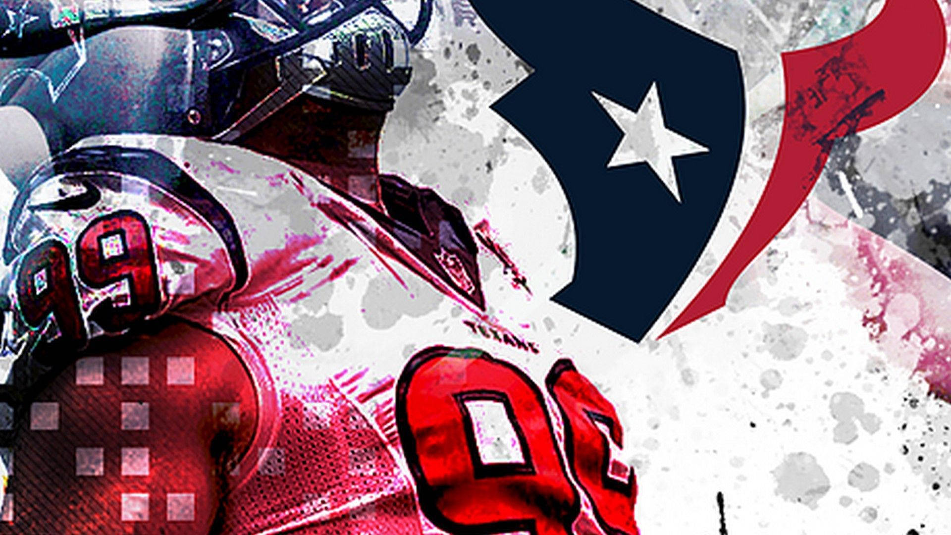 Texans 桌布 壁紙 — 一個動態的數位藝術描繪，展示一名身穿紅色球衣、號碼99、帶有休士頓德州人隊標誌的足球運動員，背景為潑濺效果。