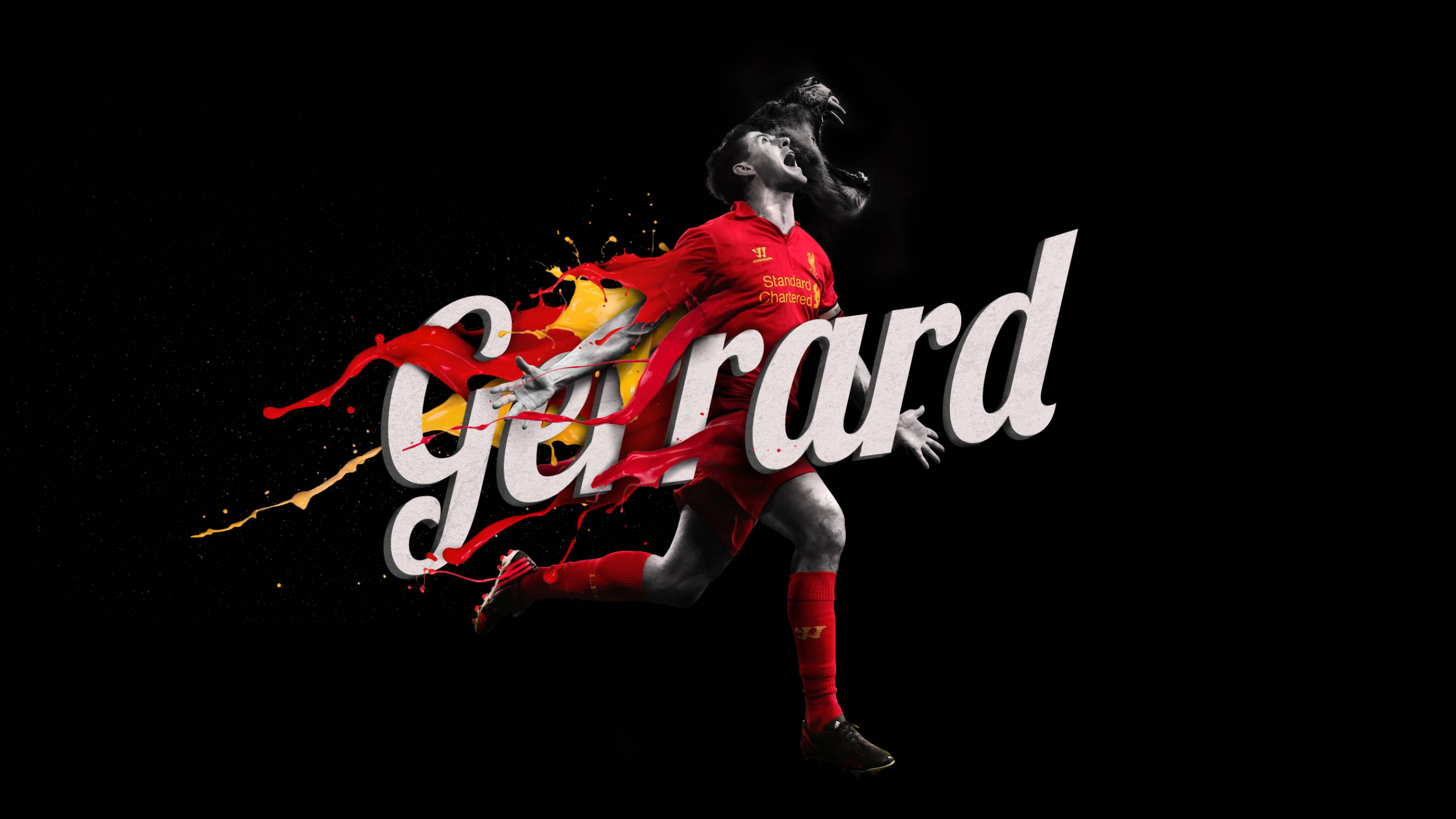 Steven Gerrard 桌布 壁紙 — 一個動態的數位藝術描繪，足球員傑拉德穿著紅色球衣跳躍，油漆飛濺形成他的名字，背景為黑色。