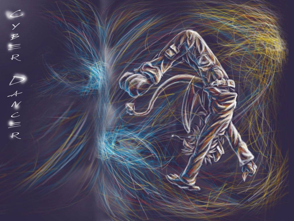 Cyber 桌布 壁紙 — 一個動態的數位藝術舞者在運動中，被旋轉的藍色和黃色能量線條包圍，背景為深色。