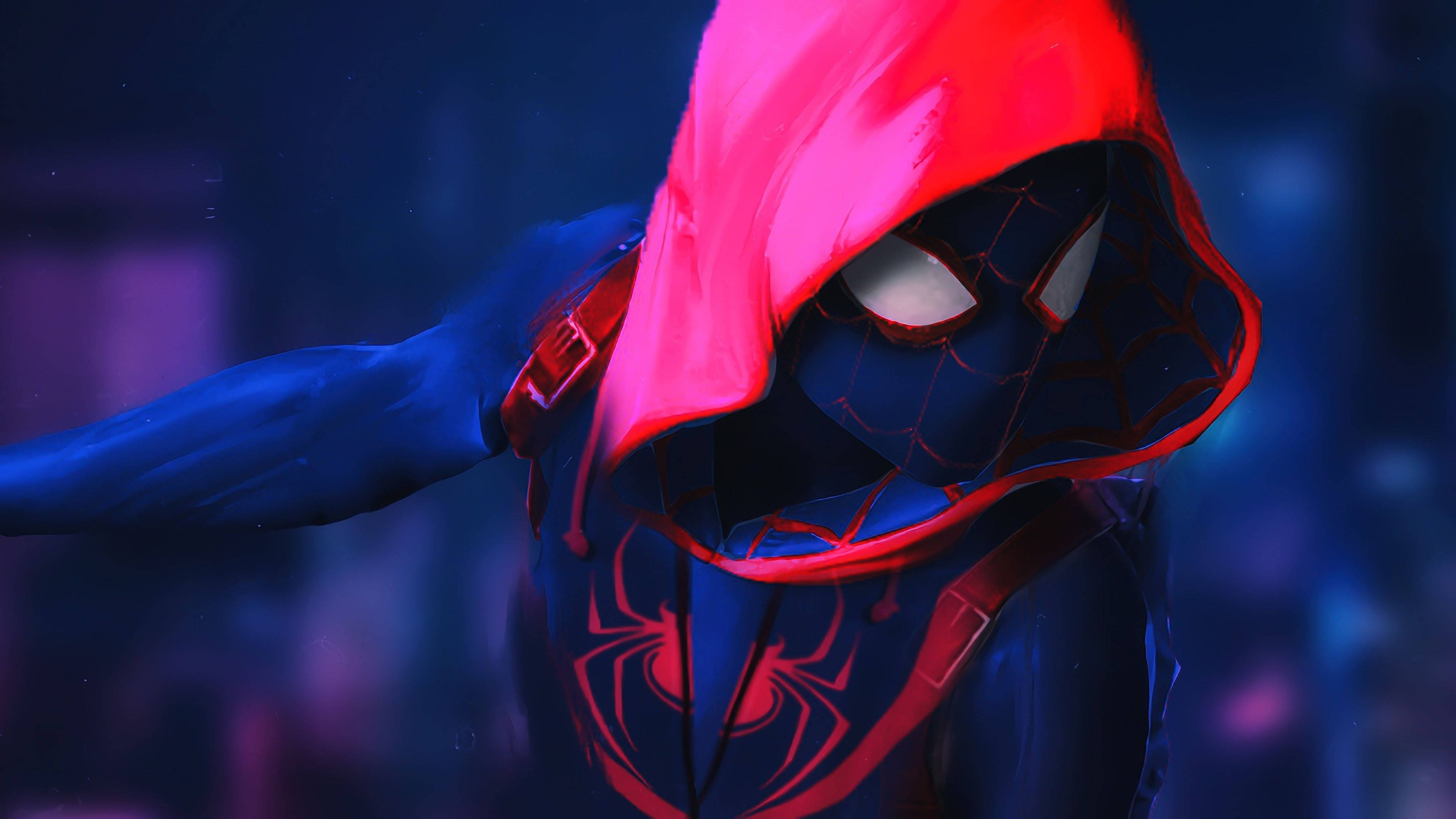 Spider Verse 桌布 壁紙 — 一個動態的數位藝術蜘蛛人，身穿紅色連帽戰衣，在夜晚模糊的霓虹城市景觀中準備行動。