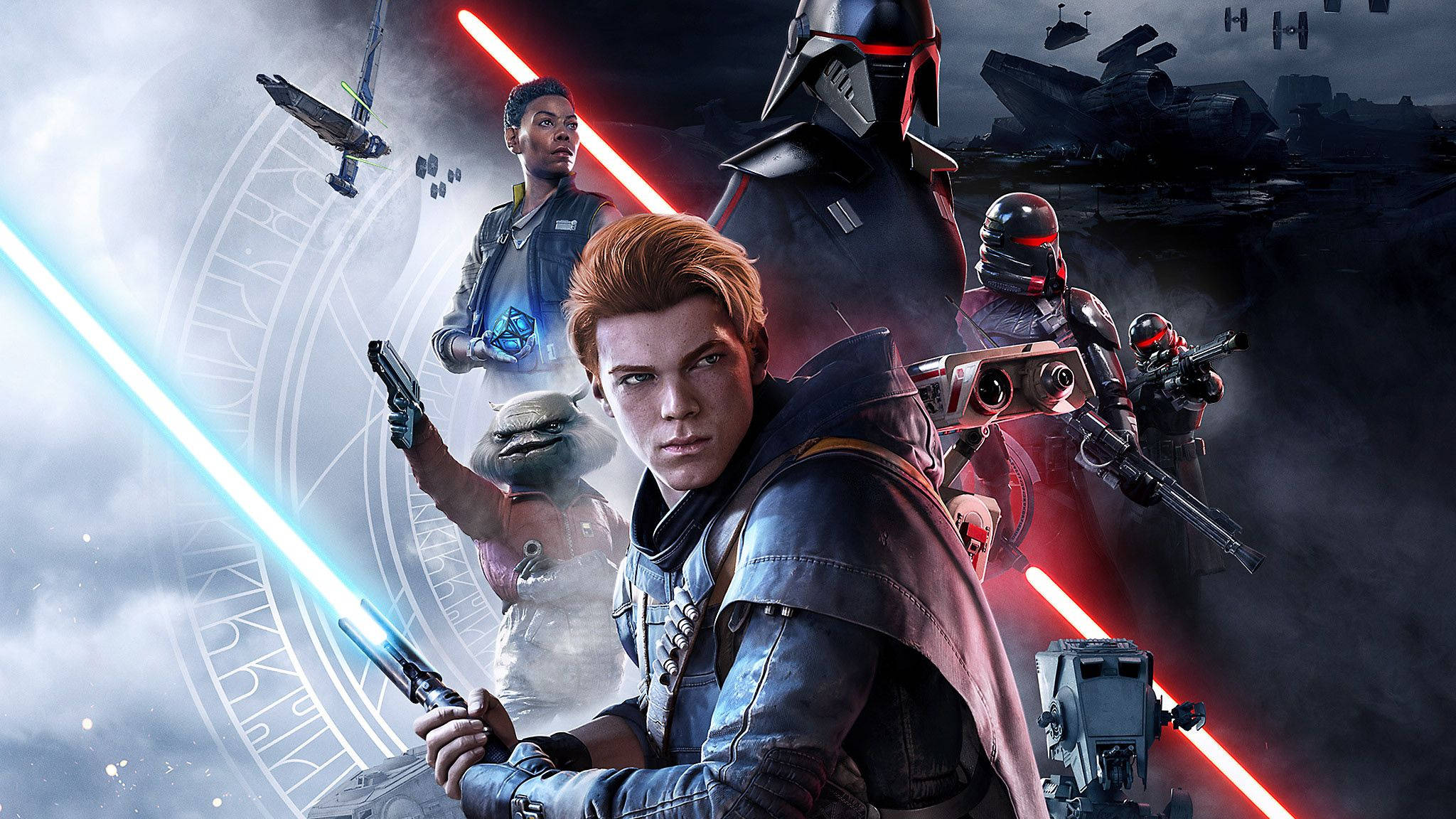 Jedi 桌布 壁紙 — 一個動態的星際大戰場景，年輕英雄揮舞藍色光劍對抗手持紅色劍刃的黑暗人物，背景有星艦和發光的圓形符號。