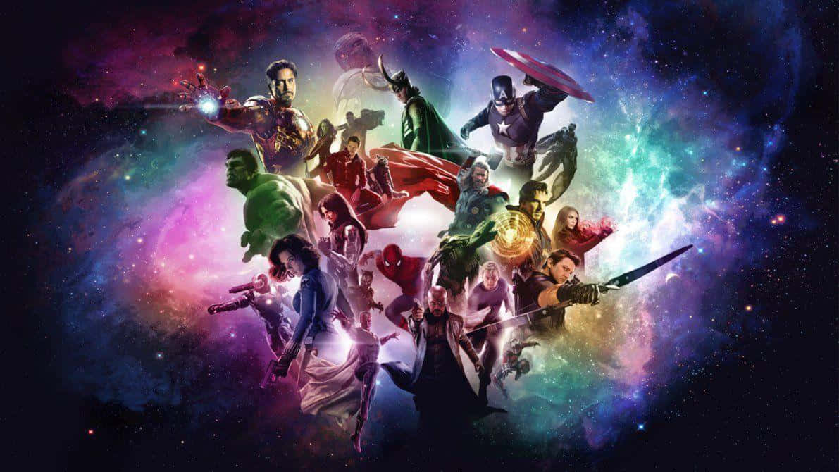Marvel Universe 桌布 壁紙 — 一個動態的漫威超級英雄集合，在充滿活力的宇宙星雲背景下英勇地擺出姿勢。