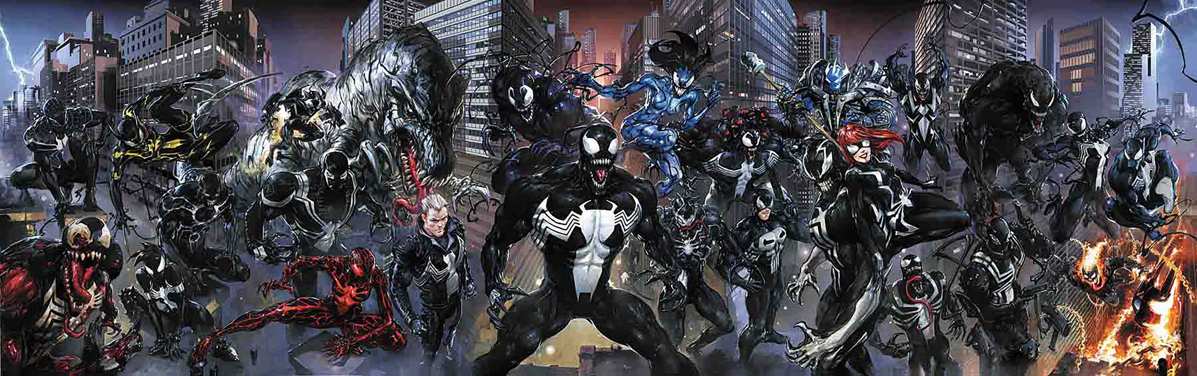 Venomverse 桌布 壁紙 — 一個動態的漫畫場景，描繪多個猛毒共生體和盟友在黑暗的未來城市景觀中夜間戰鬥。