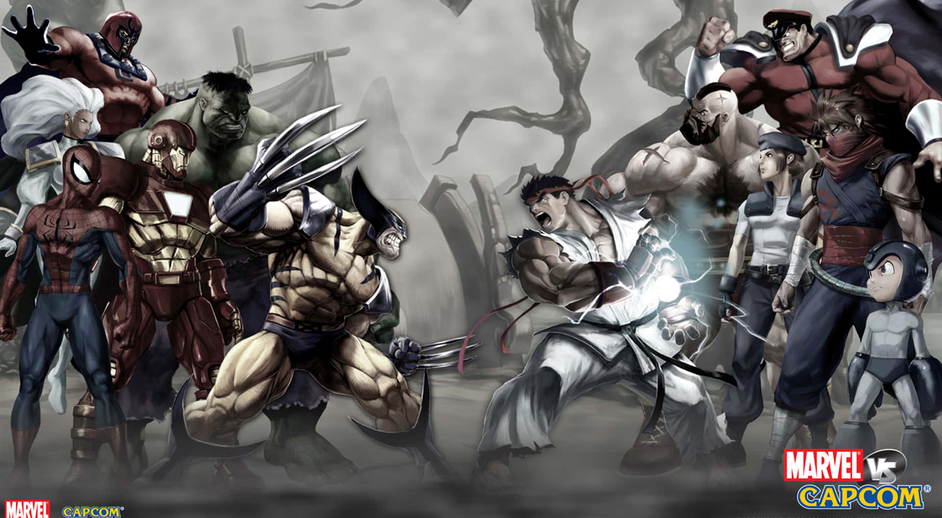 Marvel Vs Capcom 桌布 壁紙 — 一個動態的漫畫戰鬥場景，Marvel 和 Capcom 的英雄與反派在一個灰暗、煙霧瀰漫的競技場中激烈衝突。