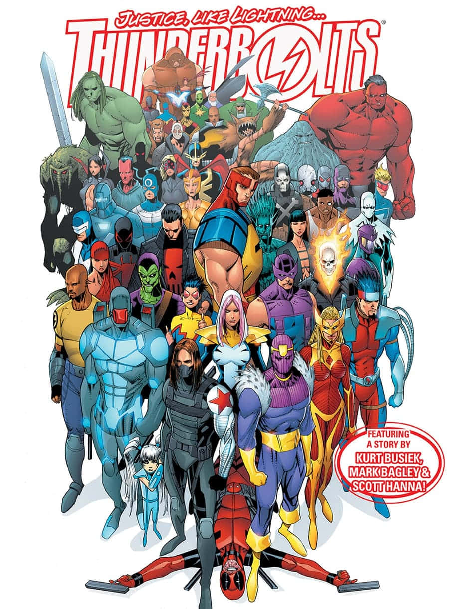 Thunderbolts 桌布 壁紙 — 一個動態的漫畫書封面，展示了一群多元化的超級英雄和反派，在純白背景下英勇地擺出姿勢。
