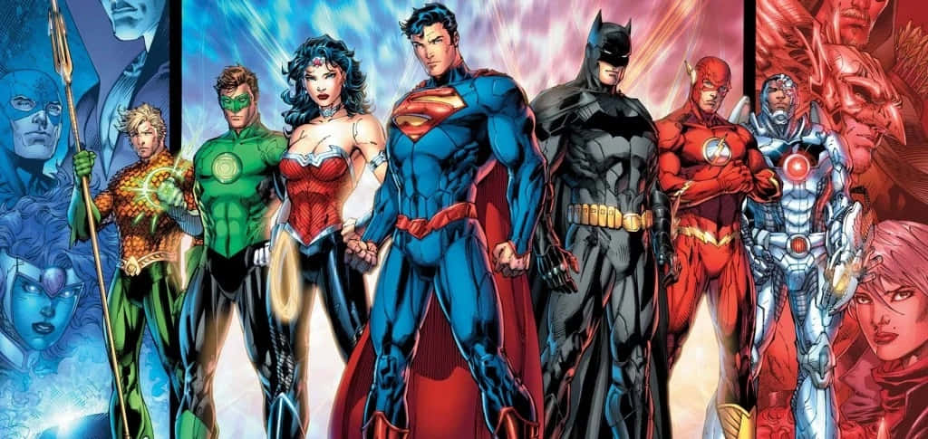 Animated Superhero Movies 桌布 壁紙 — 一個動態的漫畫書陣容，包括超人、蝙蝠俠、神力女超人和閃電俠，英雄般地站在充滿活力的宇宙背景下。