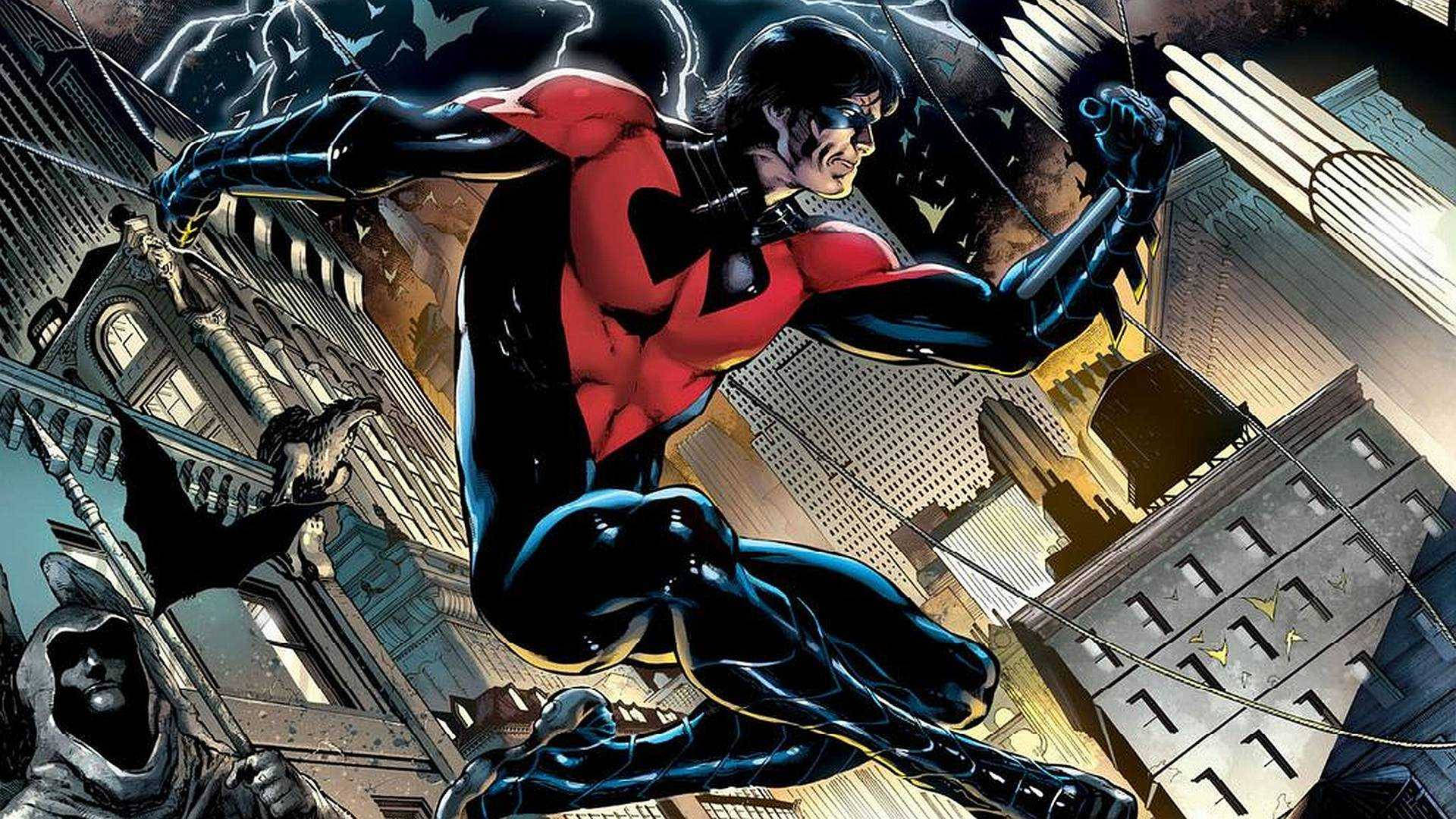 Nightwing 桌布 壁紙 — 一個動態的漫畫英雄穿著紅黑套裝，跳過有閃電和蝙蝠的暴風雨城市景觀。