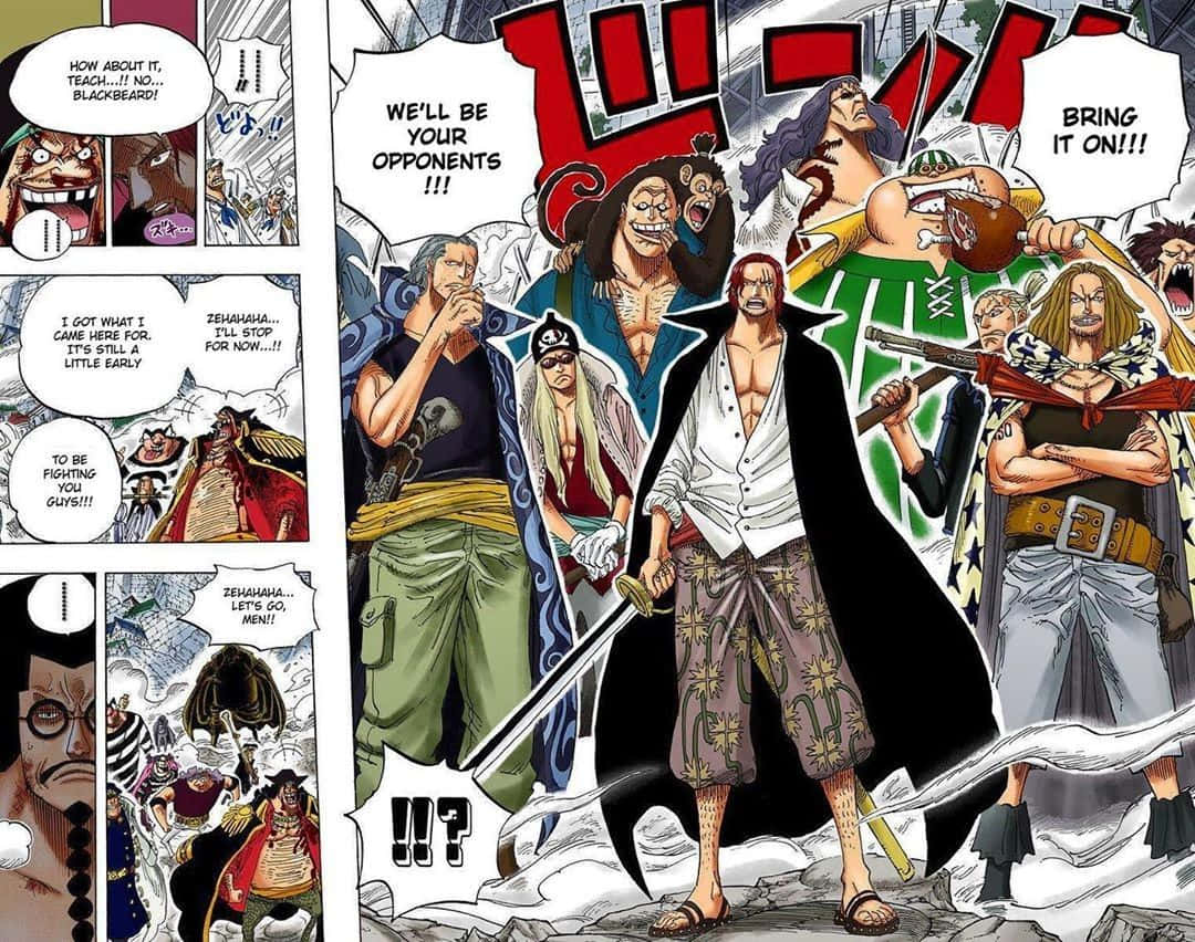 Marineford Aftermath 桌布 壁紙 — 一個動態的漫畫面板顯示一群海盜手持劍和槍，在漫畫面板的背景中呼喊戰鬥口號。