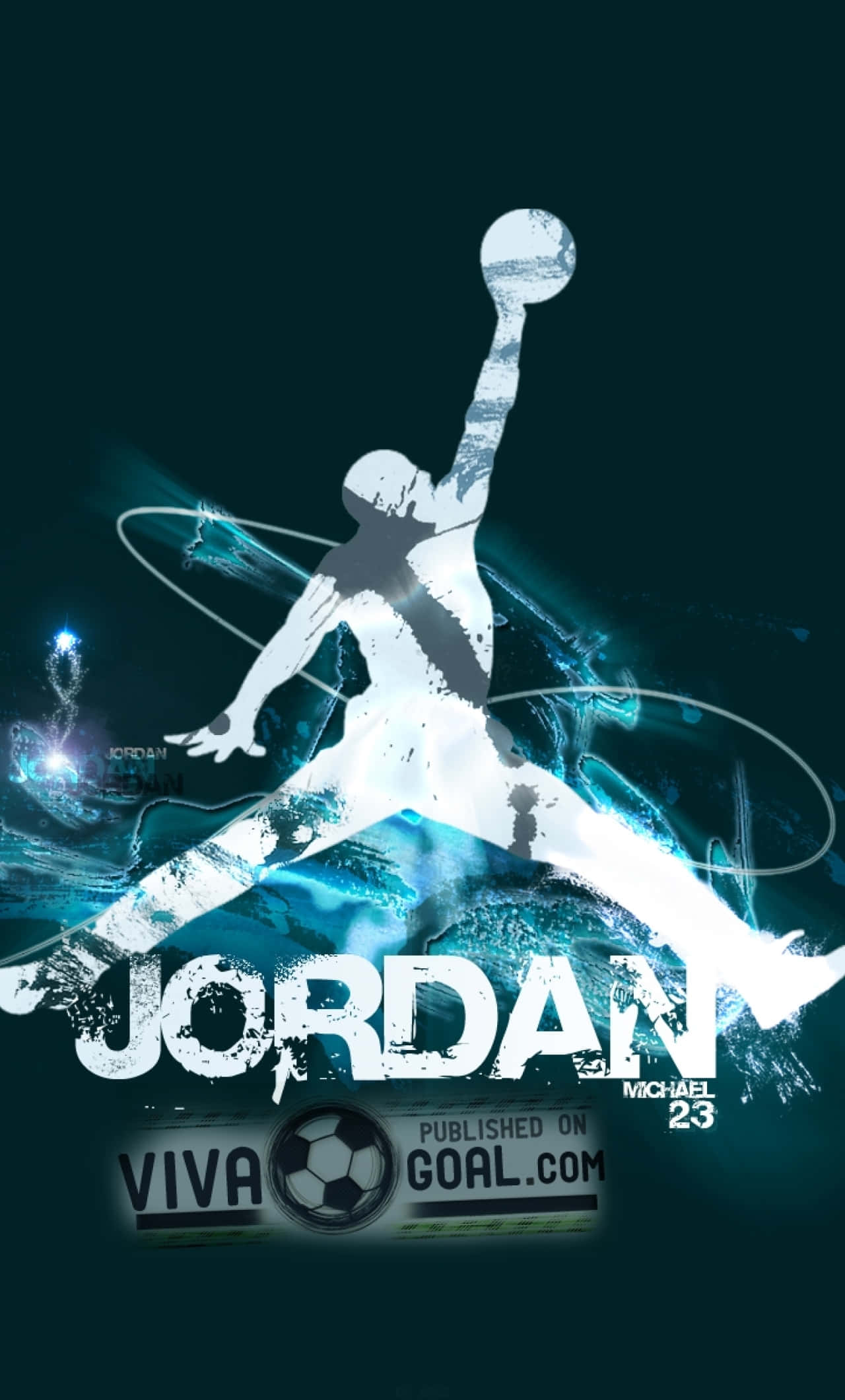 Jordan Logo Phone 桌布 壁紙 — 一個動態的白色剪影，展示麥可喬丹在半空中灌籃籃球，背景為深藍綠色，帶有發光的藍色能量軌跡。