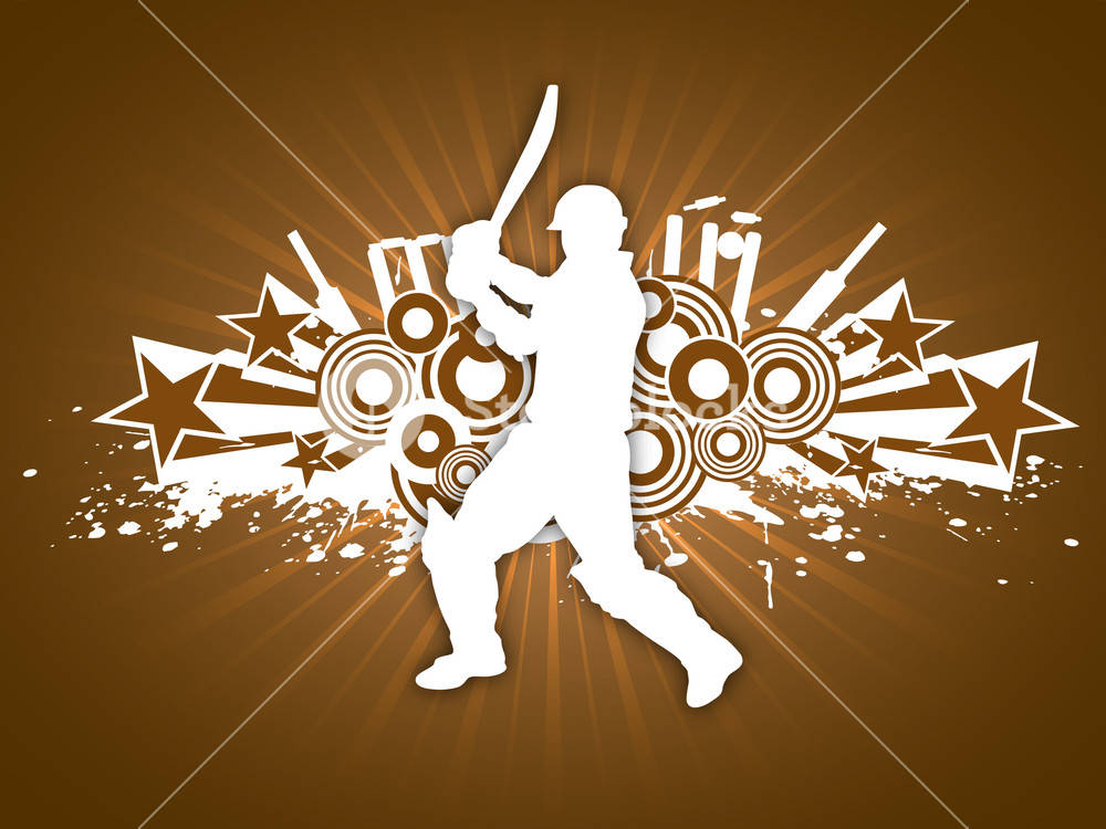 Sri Lanka Cricket 桌布 壁紙 — 一個動態的白色剪影，描繪板球擊球手在棕色背景上揮桿，帶有星星和圓形圖案以及放射狀光線。