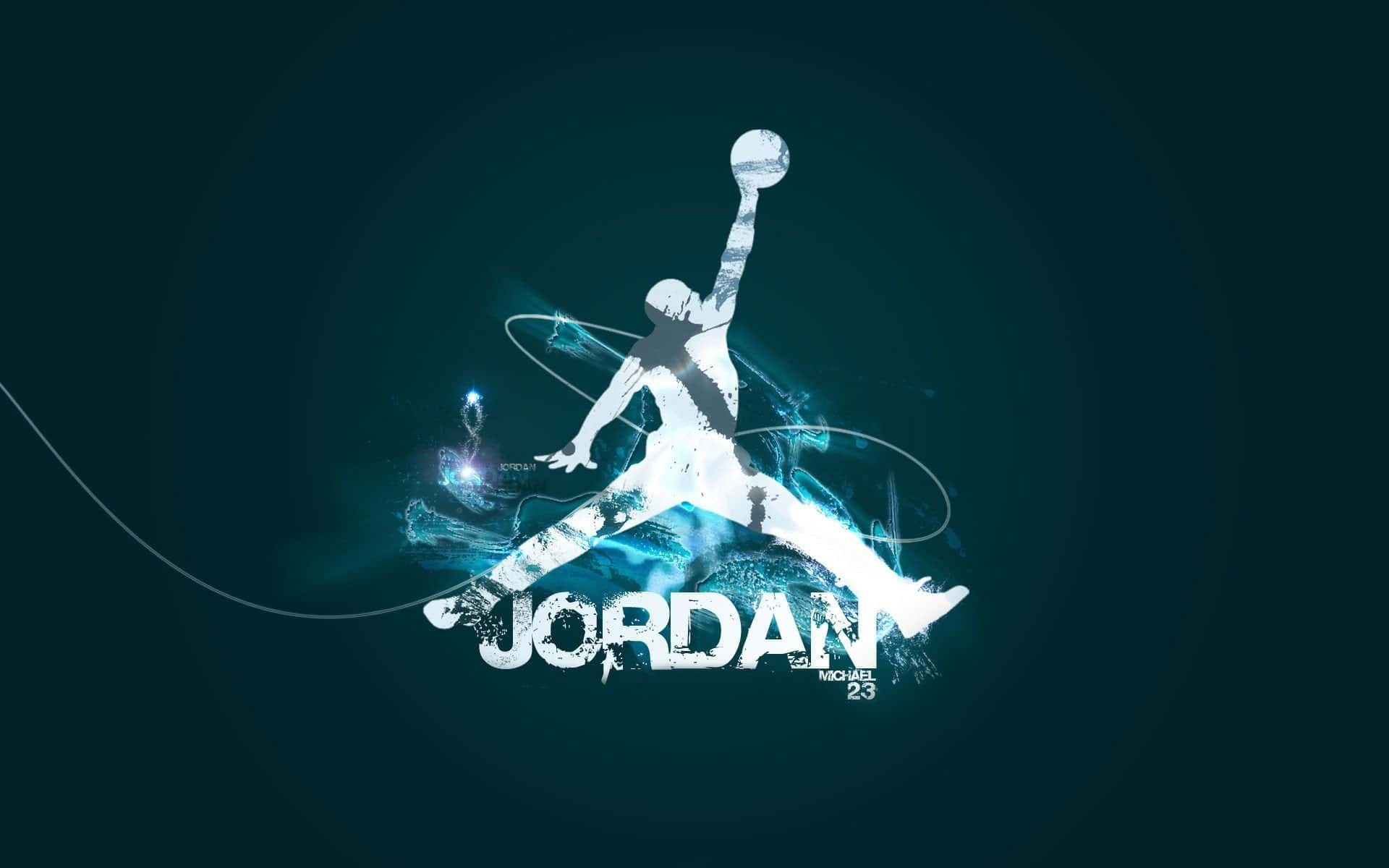 Air Jordan 桌布 壁紙 — 一個動態的白色剪影，描繪麥可喬丹在半空中灌籃，背景為深藍綠色，帶有發光藍色能量效果。