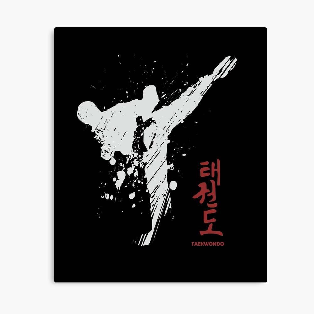 運動 桌布 壁紙 — 一個動態的白色筆觸剪影，描繪一位跆拳道選手在 stark 黑色背景上進行中踢，並帶有紅色韓文文字。
