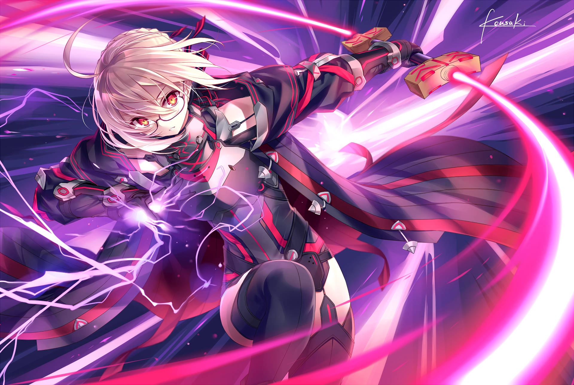 Fate/Grand Order 桌布 壁紙 — 一個動態的白髮紅眼動漫女孩，在充滿活力的紫色和粉紅色宇宙背景下揮舞著發光的粉紅色能量刃。