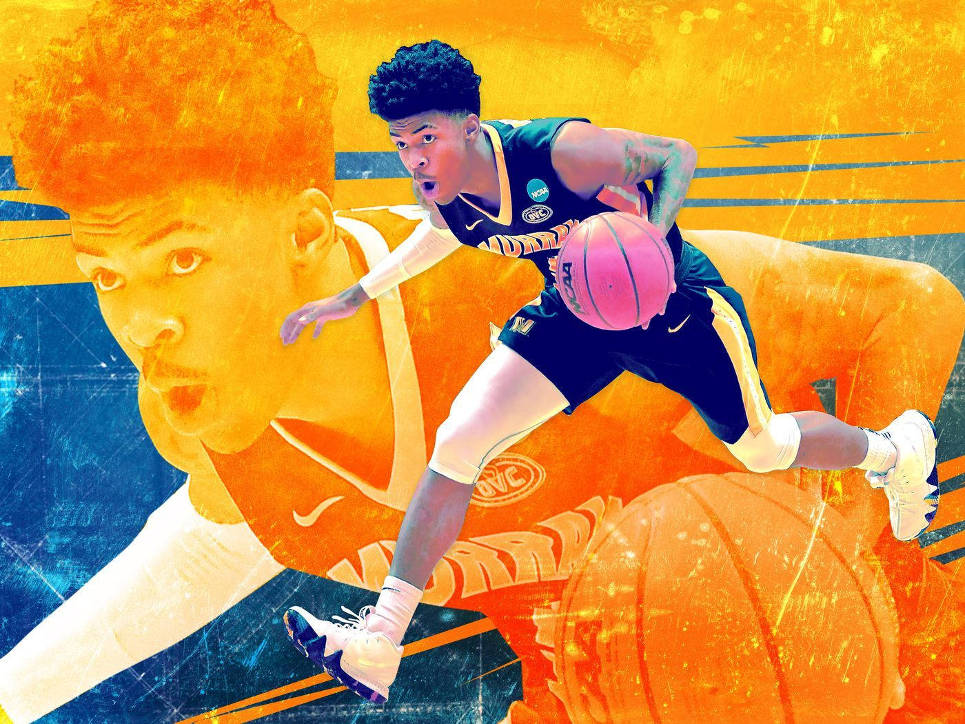 籃球運動員在風格化的橙色和藍色背景下，專注地運球。 — Ja Morant 動圖 壁紙