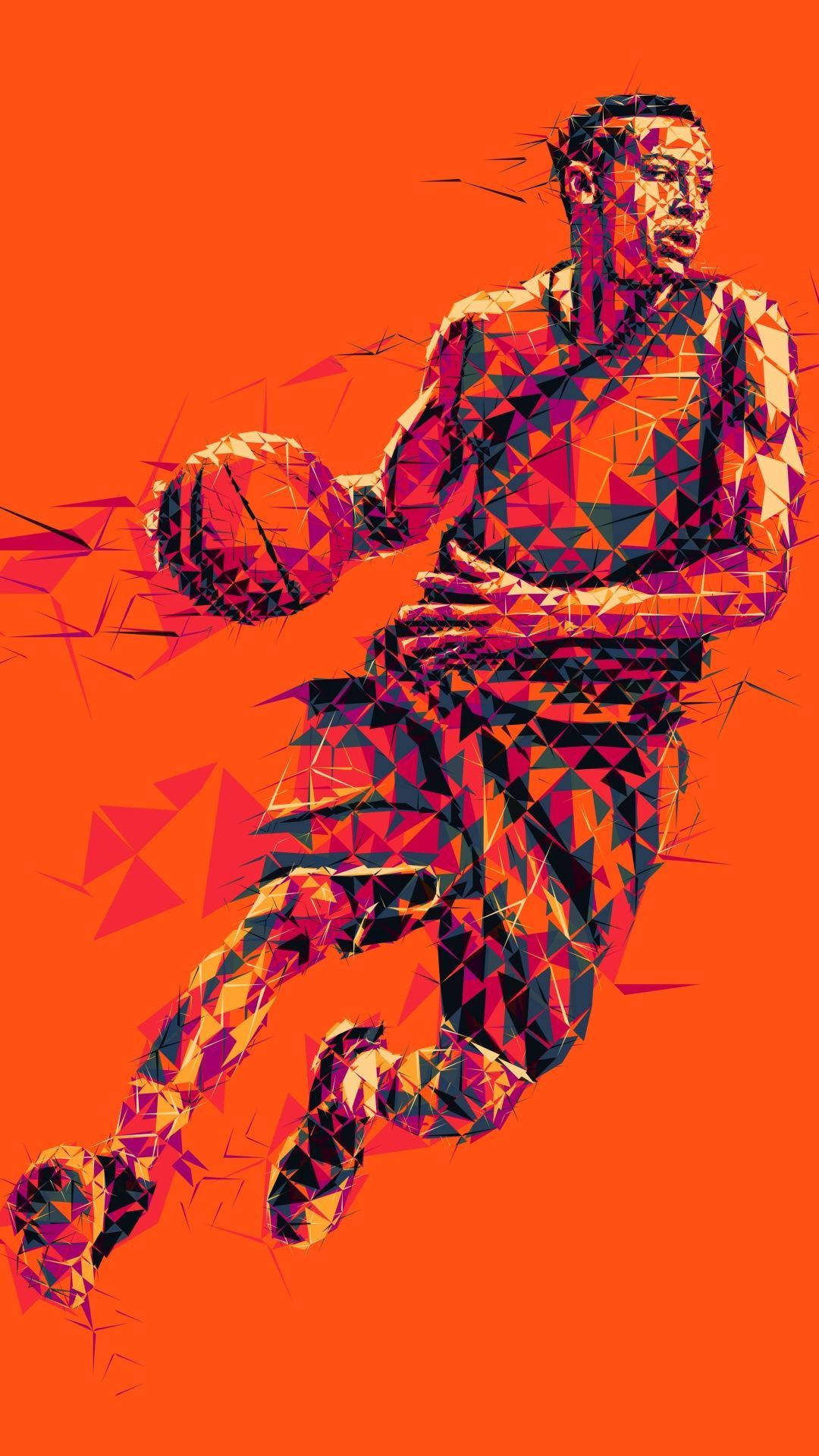 cool basketball iPhone 桌布 壁紙 — 一個動態的籃球運動員在運動中，以大膽的幾何三角形呈現在火熱的橙色背景上。